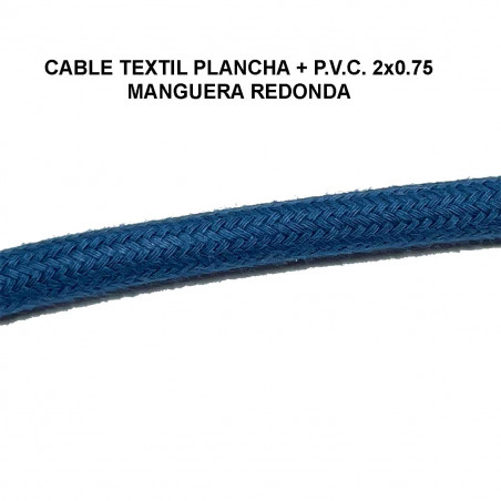 Cable textil plancha + P.V.C. 2x0.75 Manguera redonda, en acabado azul.