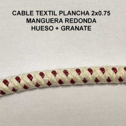 Cable textil plancha, manguera redonda, P.V.C. 2x0.75. Acabado Hueso y Granate.