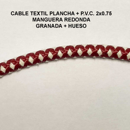 Cable textil plancha, manguera redonda, P.V.C. 2x0.75. Acabado Granate y Hueso.