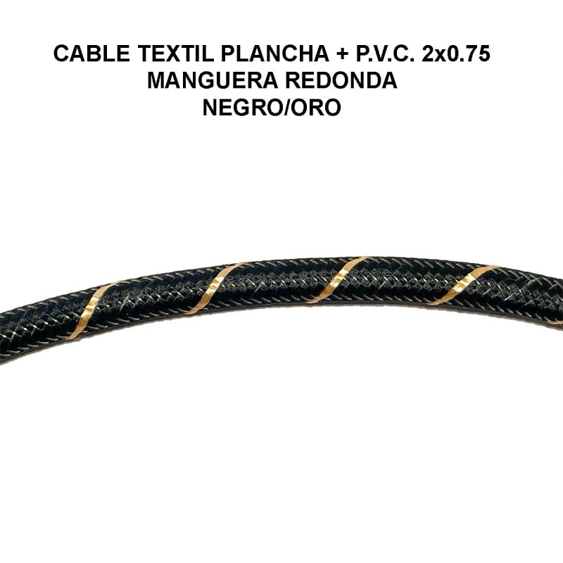 Cable textil plancha + P.V.C. 2x0.75 Manguera redonda, en acabado negro/oro.