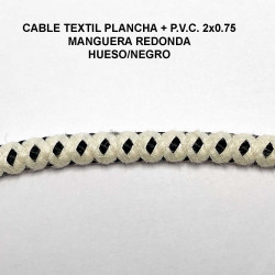 Cable textil plancha, manguera redonda, P.V.C. 2x0.75. Acabado Hueso y Negro.