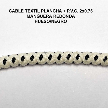 Cable textil plancha, manguera redonda, P.V.C. 2x0.75. Acabado Hueso y Negro.