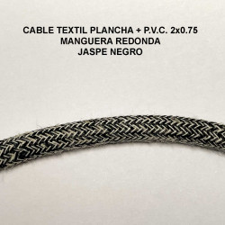 Cable textil plancha + P.V.C. 2x0.75 Manguera redonda, en acabado jaspe negro.