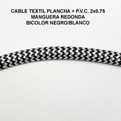 Cable textil plancha + P.V.C. 2x0.75 Manguera redonda, en acabado bicolor negro/blanco.