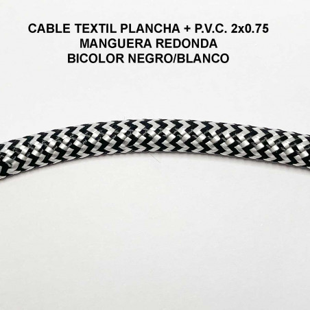 Cable textil plancha + P.V.C. 2x0.75 Manguera redonda, en acabado bicolor negro/blanco.