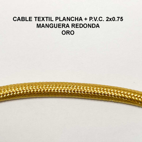 Cable textil plancha + PVC 2x0.75 Manguera redonda, en acabado oro.