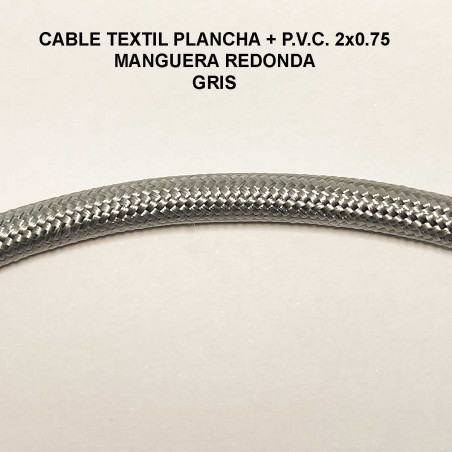 Cable textil plancha + PVC 2x0.75 Manguera redonda, en acabado gris.