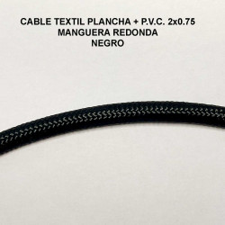 Cable textil plancha + PVC 2x0.75 Manguera redonda, en acabado negro.