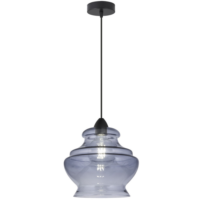 Lámpara de techo colgante moderno, Serie Pombal, estructura metálica en acabado negro, 1 luz E27, con difusor de cristal.
