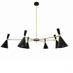 Lámpara de Techo Retro, estructura metálica en acabado negro y oro, con elementos de latón en acabado satinado