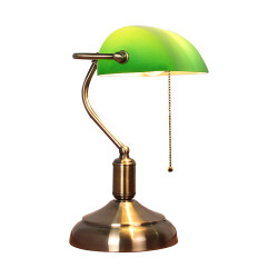 Lámpara de mesa, flexo serie Abogado, estructura metálica en acabado cuero, 1 luz E27, con pantalla de cristal en acabado verde.