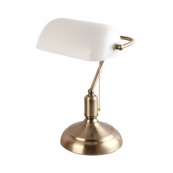Lámpara de mesa, flexo Abogado, estructura metálica en acabado cuero, 1 luz E27, con pantalla de cristal en acabado blanco.