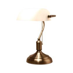 Lámpara de mesa, flexo Abogado, estructura metálica en acabado cuero, 1 luz E27, con pantalla de cristal en acabado blanco.