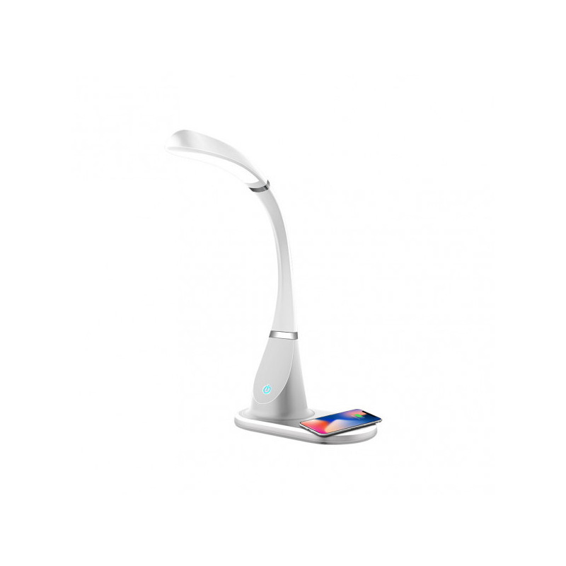 Lámpara Flexo moderno LED, Serie Rejalgar, en color blanco con detalles en cromo. Realizado en aluminio, silicona y ABS