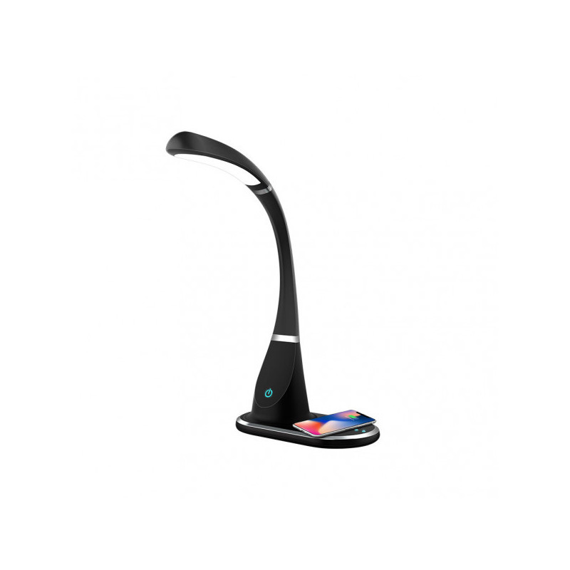 Lámpara Flexo moderno LED, Serie Rejalgar, en color negro con detalles en cromo. Realizado en aluminio, silicona y ABS.