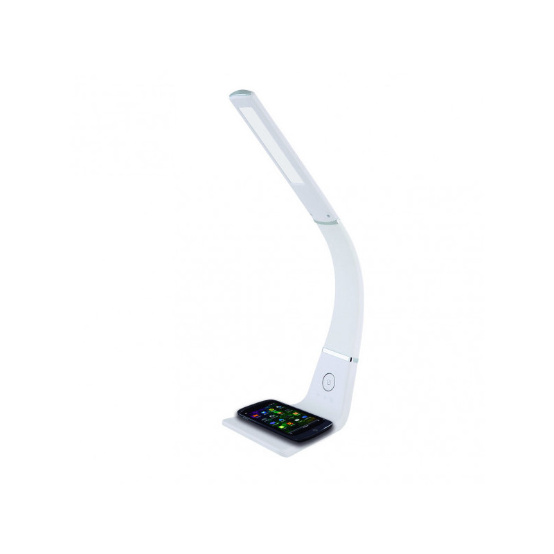Lámpara Flexo moderno LED, Serie Kodonita, en color blanco con detalles en cromo. Realizado en aluminio y ABS.