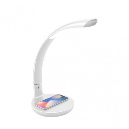 Lámpara Flexo moderno LED, Serie Alabastro, en color blanco con detalles en cromo. Realizado en metal, silicona y ABS.