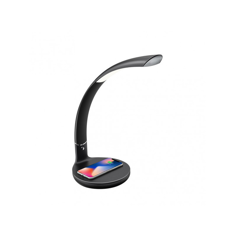 Lámpara Flexo moderno LED, Serie Alabastro, en color negro con detalles en cromo. Realizado en metal, silicona y ABS