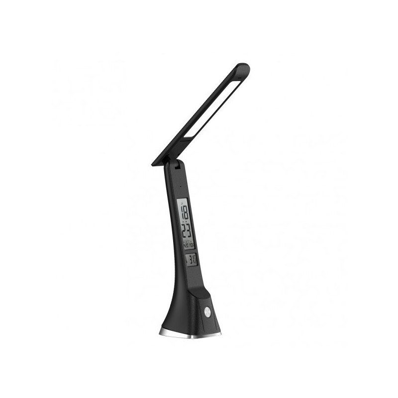 Lámpara Flexo moderno LED, Serie Apofilita, en color negro con detalles en cromo. Realizado en ABS
