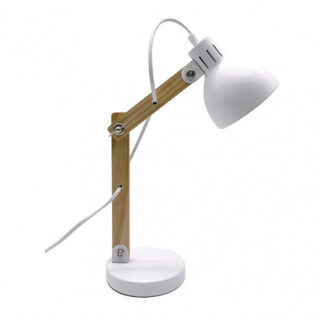Lámpara Flexo moderno, Serie Blai, de color blanco/haya. Realizado en metal y madera, con cuerpo articulable.