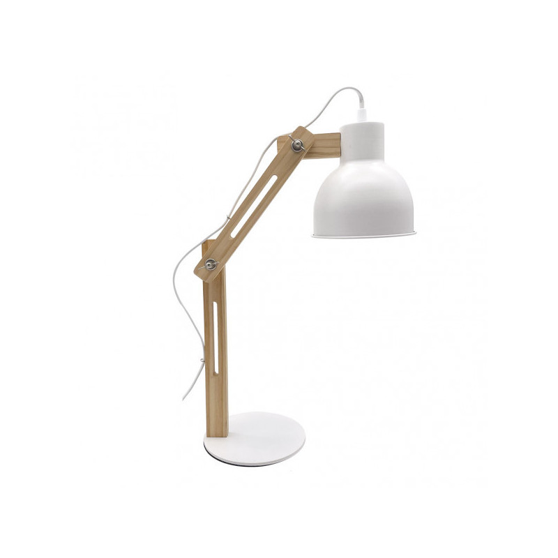 Lámpara Flexo nórdico, Serie Baptista, de color blanco/haya. Realizado en metal y madera, con cuerpo articulable