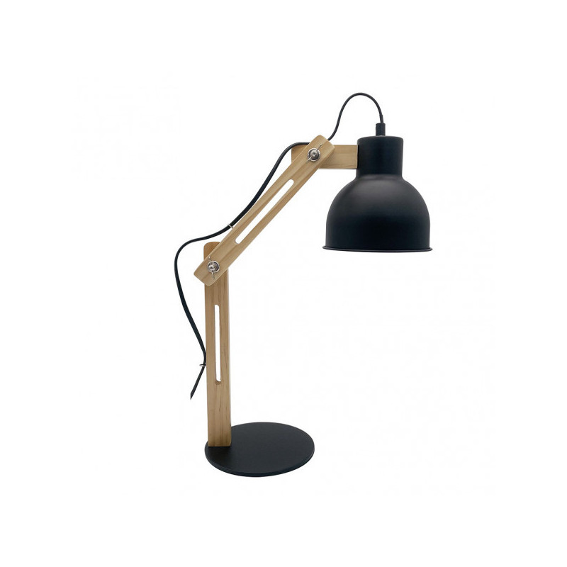 Lámpara Flexo nórdico, Serie Baptista, de color negro/haya. Realizado en metal y madera, con cuerpo articulable.