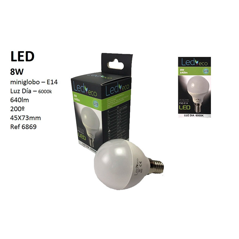 Bombilla LED esférica E14, 8W 640 lúmenes 6.000 ºK (Luz día), 200º de apertura. 73x45 mm.