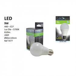 Bombilla LED A60 E27, 9W 810 lúmenes 5.700 ºK (luz día), 200º de apertura. Aluminio y policarbonato.