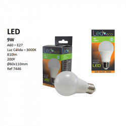 Bombilla LED A60 E27, 9W 810 lúmenes 3.000 ºK (luz cálida), 200º de apertura. Aluminio y policarbonato.