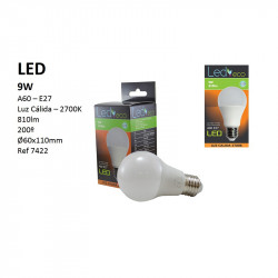 Bombilla LED A60 E27, 9W 810 lúmenes 2.700 ºK (luz cálida), 200º de apertura. Aluminio y policarbonato.