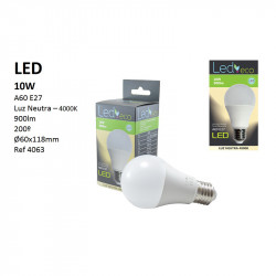 Bombilla LED A60 E27, 10W 810 lúmenes 4.000 ºK (luz neutra), 200º de apertura. Aluminio y policarbonato.