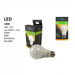 Bombilla LED A60 E27, 10W 810 lúmenes 3.000 ºK (luz cálida), 200º de apertura. Aluminio y policarbonato.