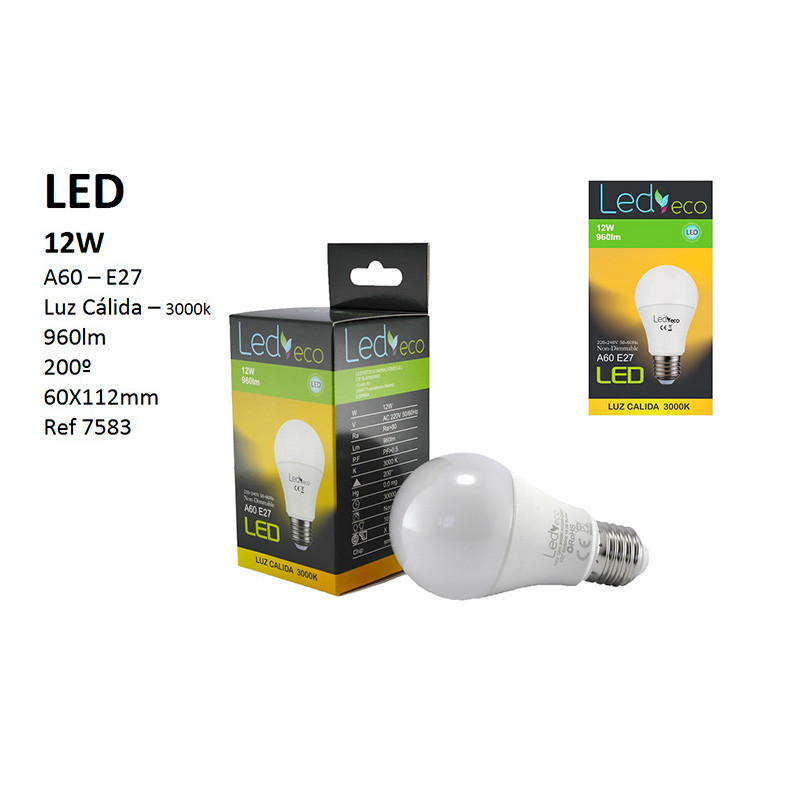Bombilla LED A60 E27, 12W 960 lúmenes 3.000 ºK (luz cálida), 200º de apertura. Aluminio y policarbonato.