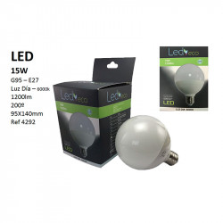 Bombilla LED G95 E27, 15W 1.200 lúmenes 6.000 ºK (luz día), 200º de apertura. Aluminio y policarbonato.