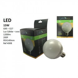 Bombilla LED G95 E27, 15W 1.200 lúmenes 3.000 ºK (luz cálida), 200º de apertura. Aluminio y policarbonato.
