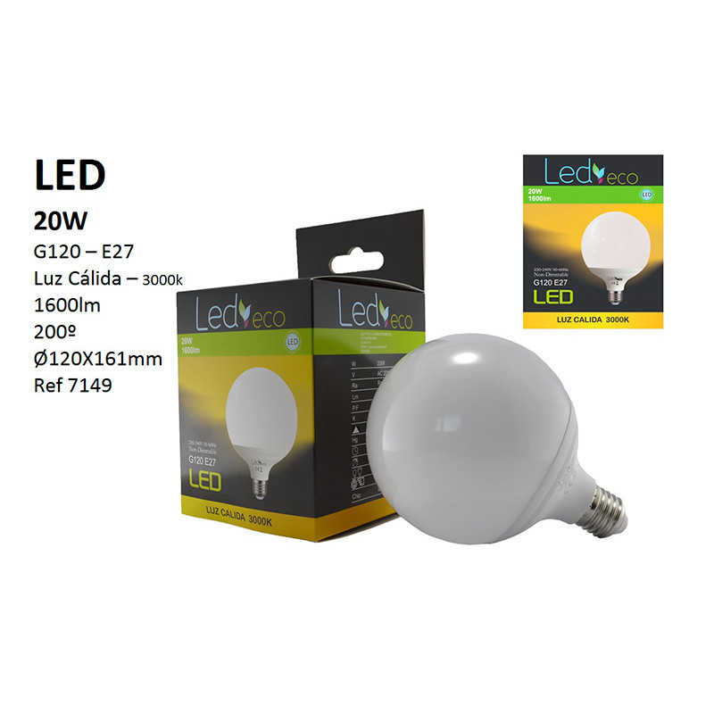 Bombilla LED G120 E27, 20W 1.600 lúmenes 3.000 ºK (luz cálida), 200º de apertura. Aluminio y policarbonato.