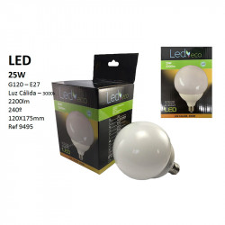 Bombilla LED G120 E27, 25W 2.200 lúmenes 3.000 ºK (luz cálida), 200º de apertura. Aluminio y policarbonato.