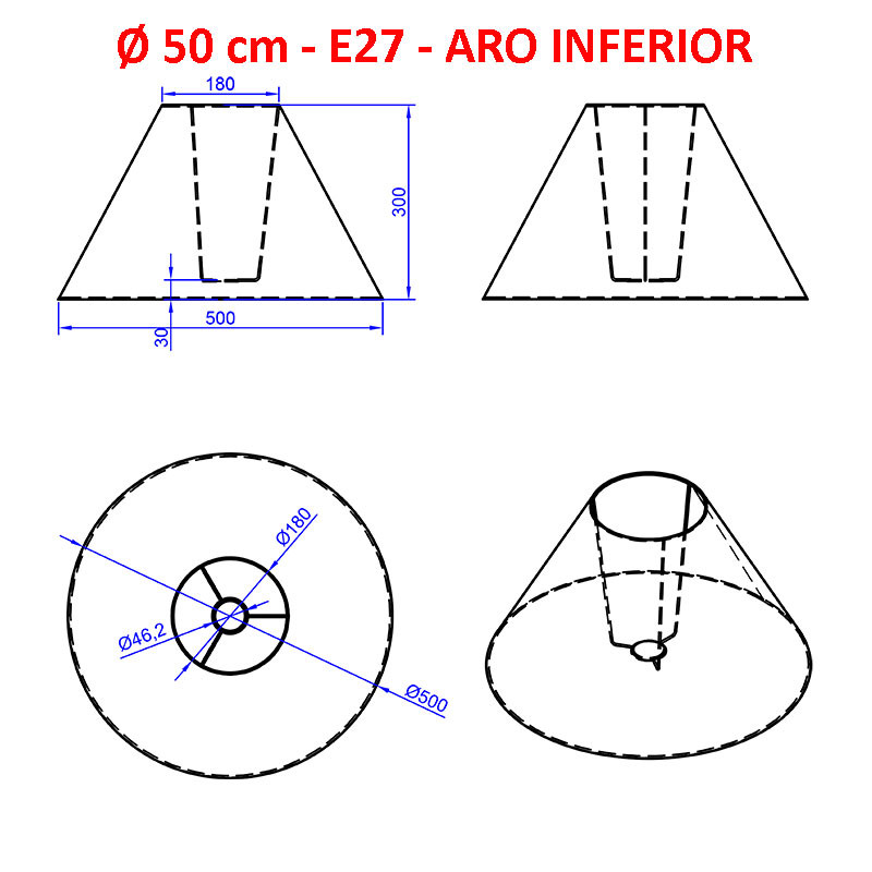 Pantalla para lámparas, 50x18x30 cm (aro inferior x aro superior x altura), en tela acabados grupo 4.