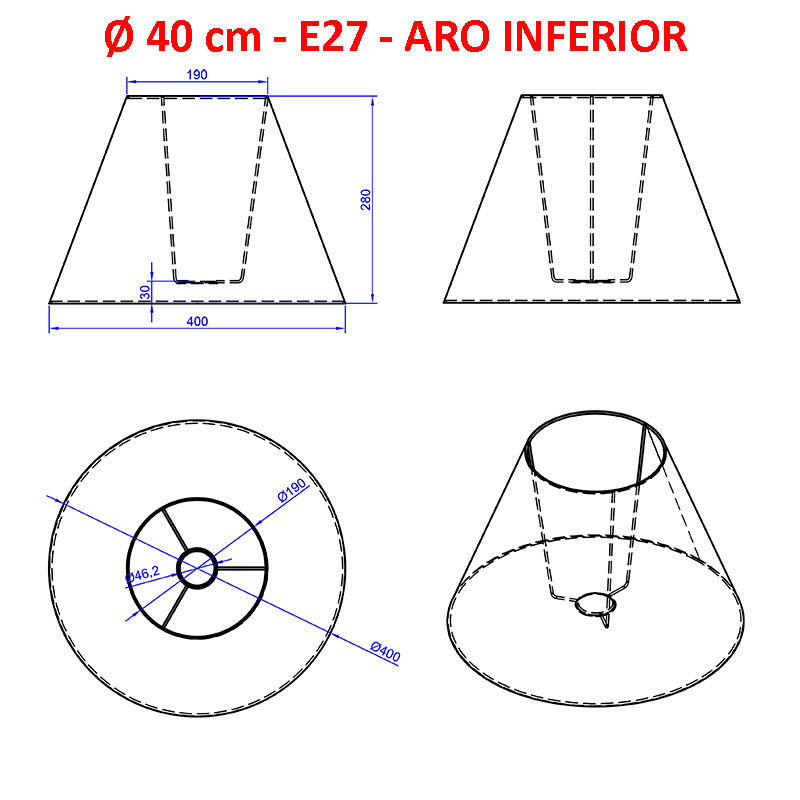 Pantalla para lámparas, 40x19x28 cm (aro inferior x aro superior x altura), en tela acabados grupo 5.