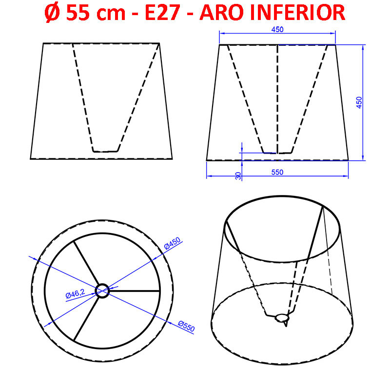 Pantalla para lámpara, 55x45x45 cm (aro inferior x aro superior x altura), en tela acabados grupo 2