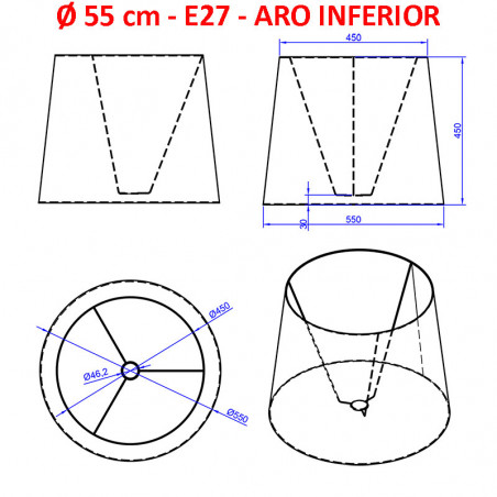Pantalla para lámpara, 55x45x45 cm (aro inferior x aro superior x altura), en tela acabados grupo 3