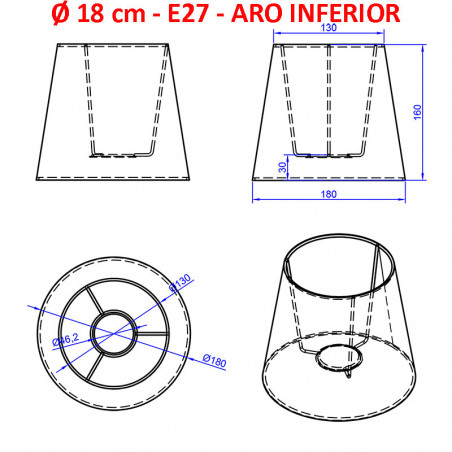 Pantalla para lámpara cónica, 18x13x16 cm (aro inferior x aro superior x altura), en tela acabados grupo 4