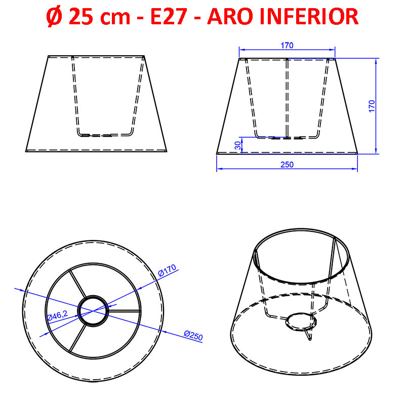 Pantalla cónica baja para lámparas, 25x17x17 cm (aro inferior x aro superior x altura), en tela acabados grupo 2
