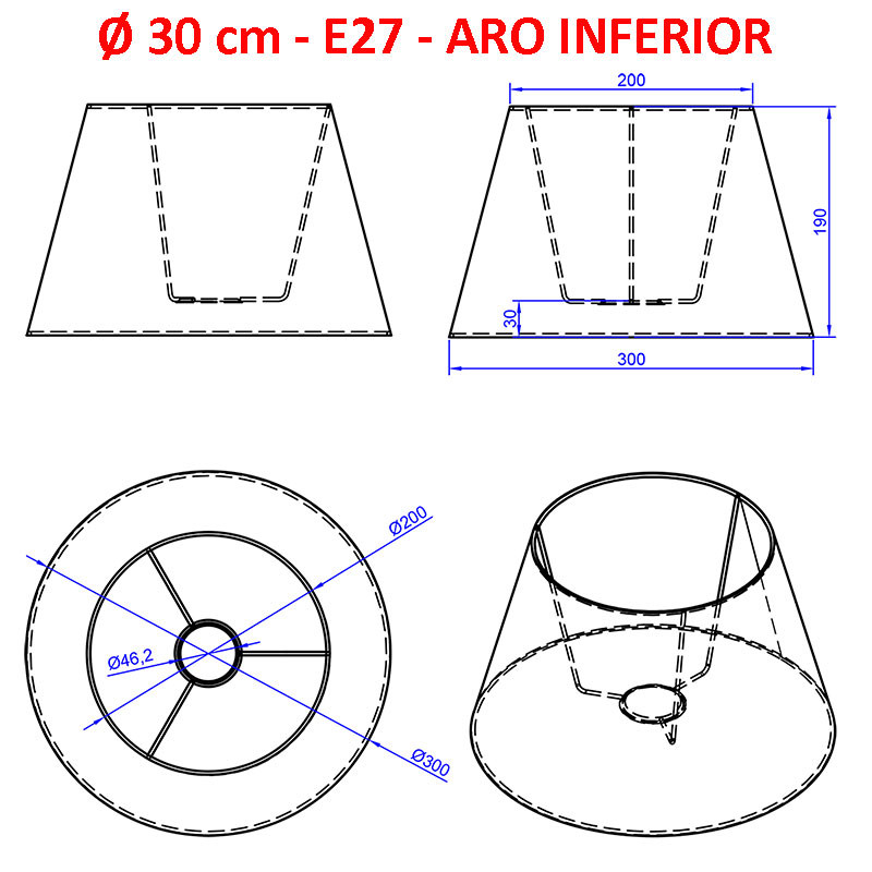 Pantalla cónica baja para lámparas, 30x20x19 cm (aro inferior x aro superior x altura), en tela acabados grupo 2
