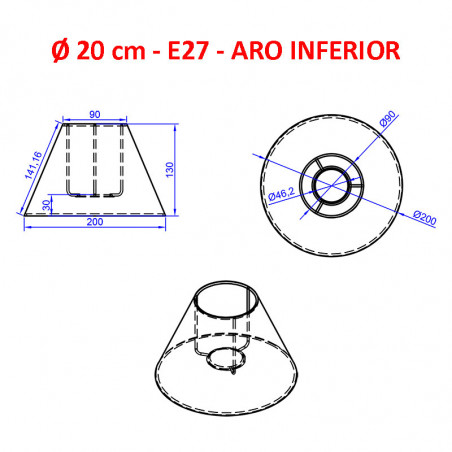 Pantalla china para lámparas, 20x9x13 cm (aro inferior x aro superior x altura), en tela acabados grupo 2