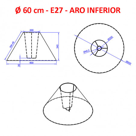Pantalla china para lámparas, 60x20x34 cm (aro inferior x aro superior x altura), en tela acabados grupo 3