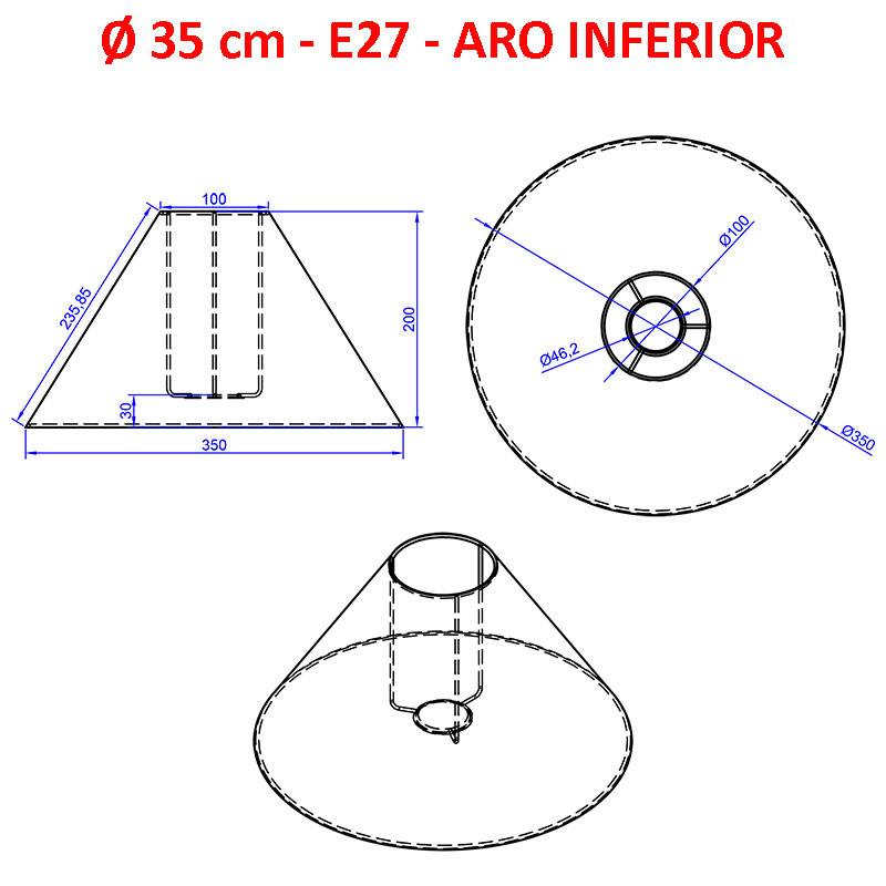 Pantalla china para lámparas, 35x10x20 cm (aro inferior x aro superior x altura), en tela acabados grupo 5