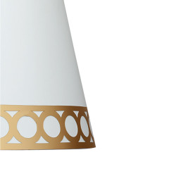 Pantalla cónica abierta de la serie Dalia de color blanco/oro. Diseñada para cogida a un portalámparas E14.