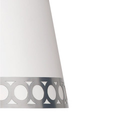 Pantalla cónica abierta de la serie Dalia de color blanco/plata. Diseñada para cogida a un portalámparas E14.