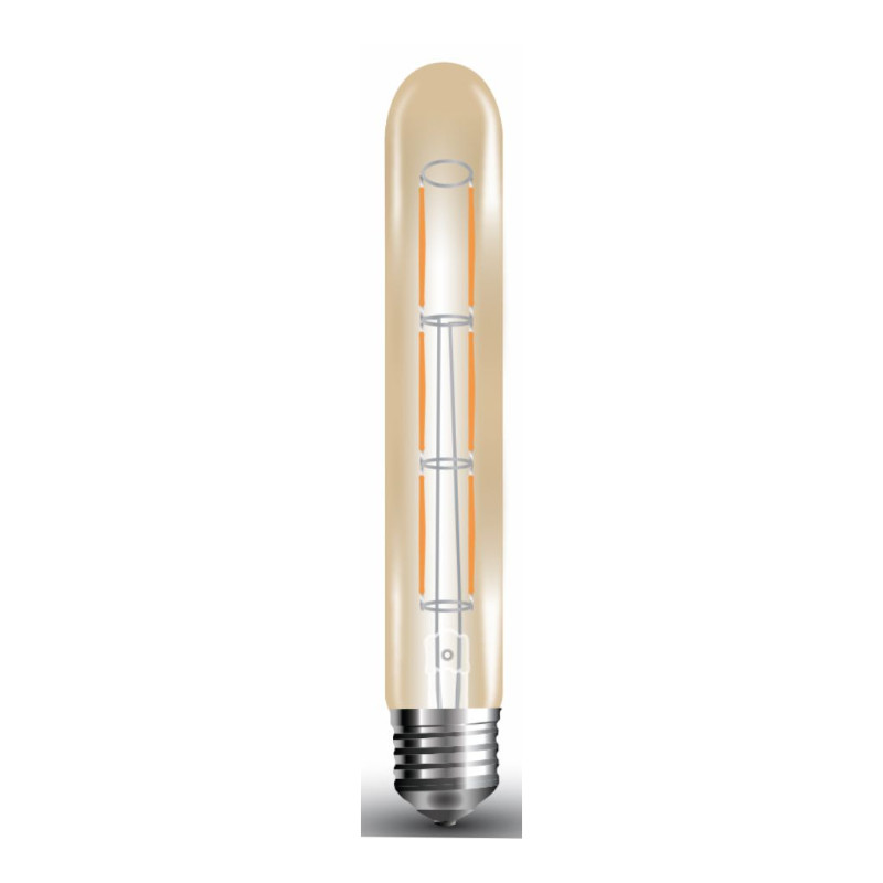 Bombilla LED tubular de filamentos E27, cristal ámbar, 6W 600 lúmenes 2.200 ºK, 360º de apertura. Ø 30 x 185 mm
